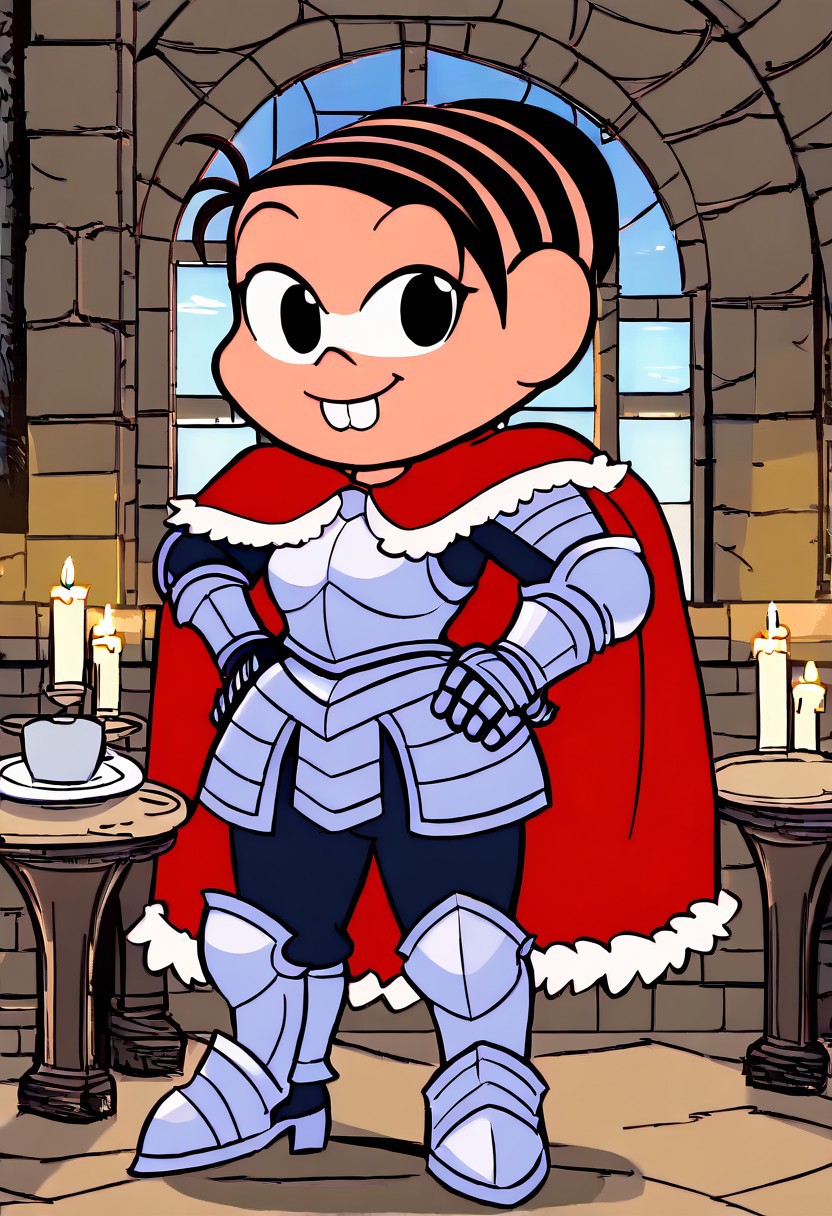 MonicaTDM, animated, drawing, ((( 1girl, solo, alone ))), black eyes, black hair, multicolored hair, buck teeth, short, shortstack, small breasts, looking at viewer, smile,
(((  hands on hips, standing, armored boots, boots, plate armor, red cape, greaves, fur trim, armor, full body, gauntlets, breastplate, armored boots, plate armor, fur-trim cape, pants,  ))), 
( nsfw ), ( uncensored ), (       sexy pose,  cowboy shot,                ),
( d4rkc4stle, indoors, window, stone, candle ),