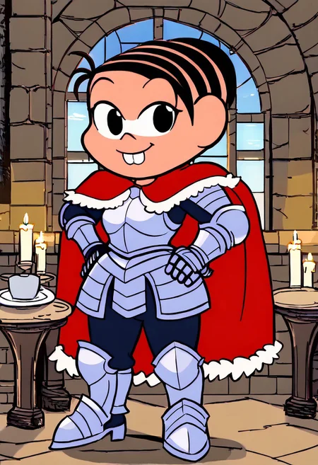 MonicaTDM, animated, drawing, ((( 1girl, solo, alone ))), black eyes, black hair, multicolored hair, buck teeth, short, shortstack, small breasts, looking at viewer, smile,
(((  hands on hips, standing, armored boots, boots, plate armor, red cape, greaves, fur trim, armor, full body, gauntlets, breastplate, armored boots, plate armor, fur-trim cape, pants,  ))), 
( nsfw ), ( uncensored ), (       sexy pose,  cowboy shot,                ),
( d4rkc4stle, indoors, window, stone, candle ),