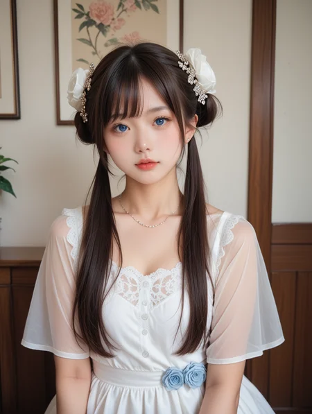 score_9, score_8_up, score_7_up,source_real,real skin,
BREAK
upper body, portrait,cute,
1girl, solo, long hair, looking at viewer, blue eyes, hair ornament, dress, jewelry, twintails, , thighs,indoors, hair bun,