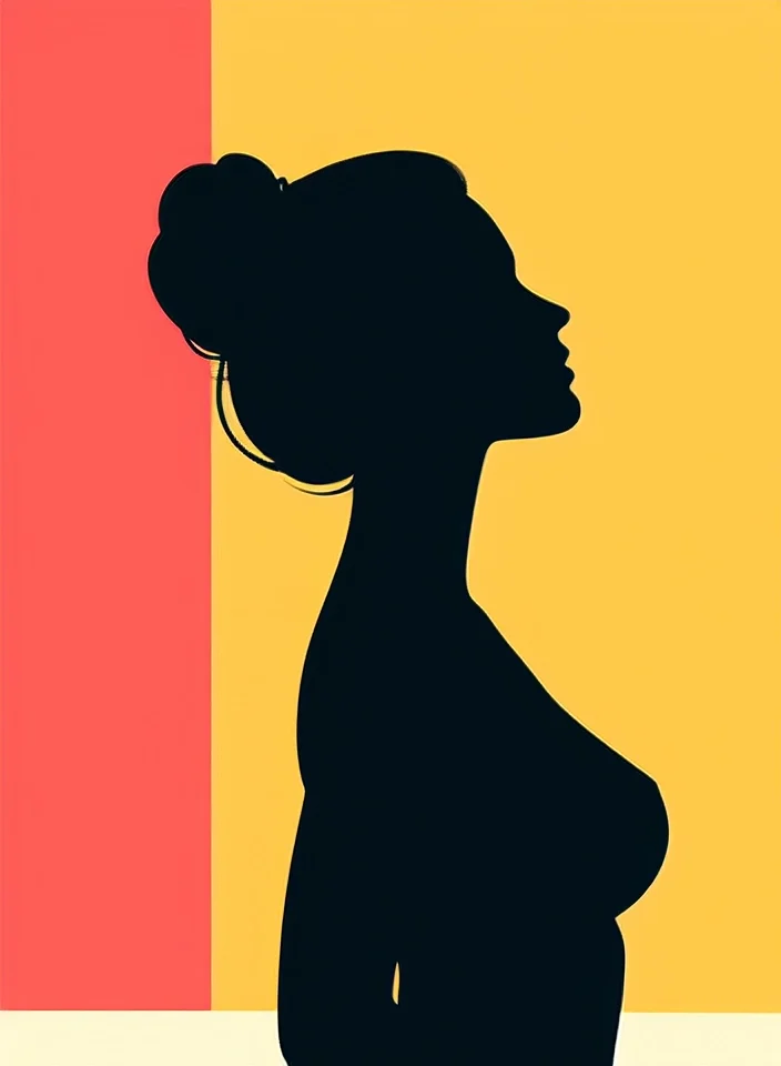 A minimalistic animation with flat colors and simple shapes about the silhouette of woman with bun hairstyle and rounded breasts over a simple colorful background.