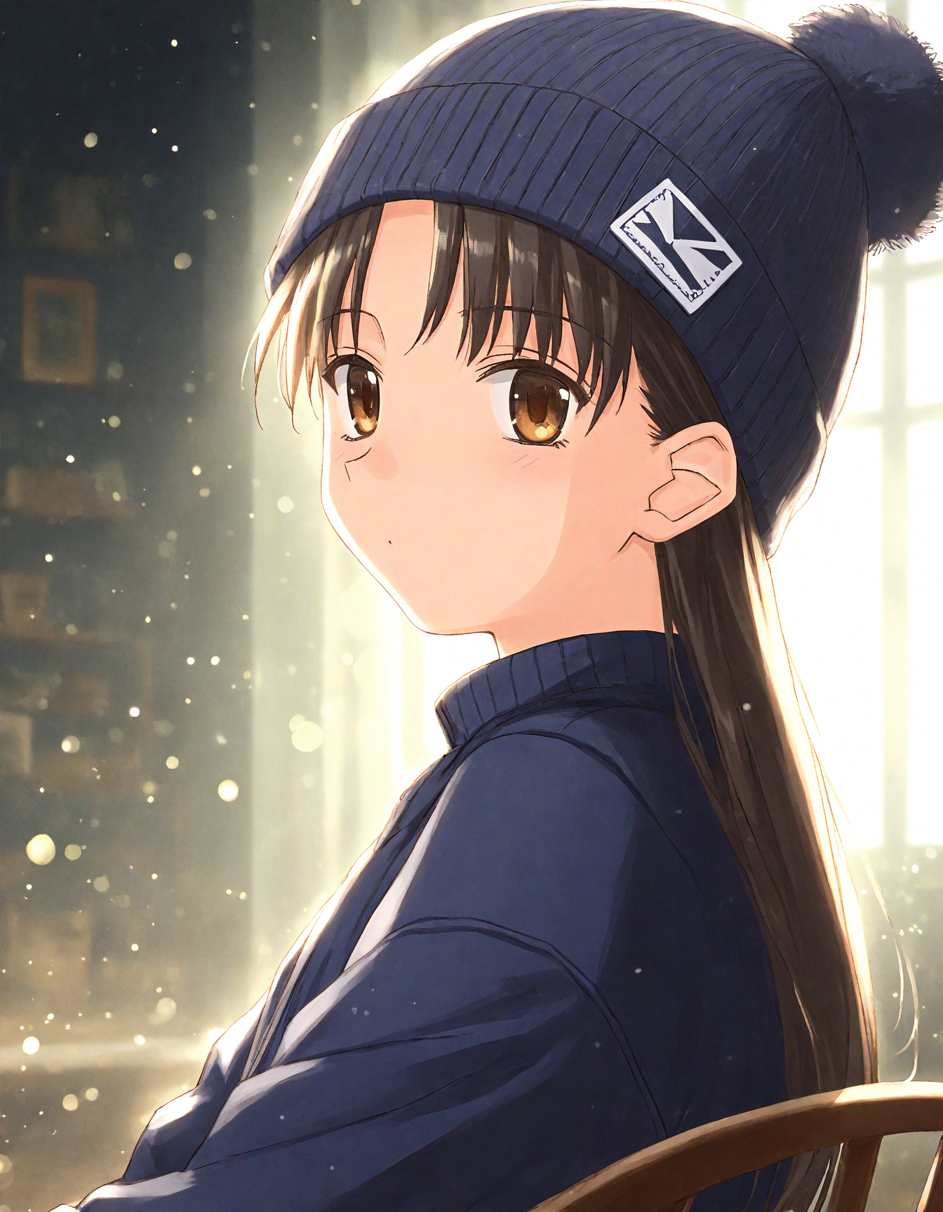 score_9, score_8_up, score_7_up, masterpiece, best quality, absurdres, official art, official style, (anime coloring, anime screencap, megami magazine, flat color:1.3), zPDXL2, zPDXLxxx,
<lora:Tsuina Style Pony_epoch_10:1.0>, tsuina_style
(cute face, beautiful face, detailed face, perfect face:1.3), 
dim lighting, light particles, dramatic lighting, bokeh, volumetric lighting, double exposure, 
rating_safe, sitting, indoors, (portrait|upper body:1.3), hat, (from side:1.3)
, blurry, depth of field, looking at viewer, black background, chair, beanie, no humans, solo, vhs artifacts, close-up, on chair