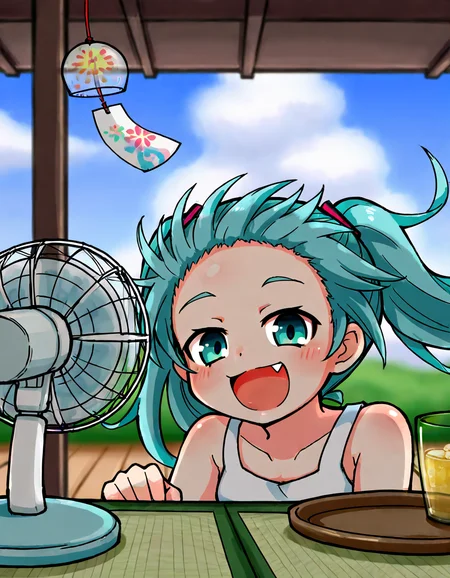 1girl, solo, looking at viewer, blush, hatsune miku, :d, outdoors, day, fang, cloud, blurry, blue sky, blurry background, floating hair, wind, forehead, drinking glass, tray, tatami, summer, electric fan, wind chime, <lora:yoshiyuki_14330975:0.7>