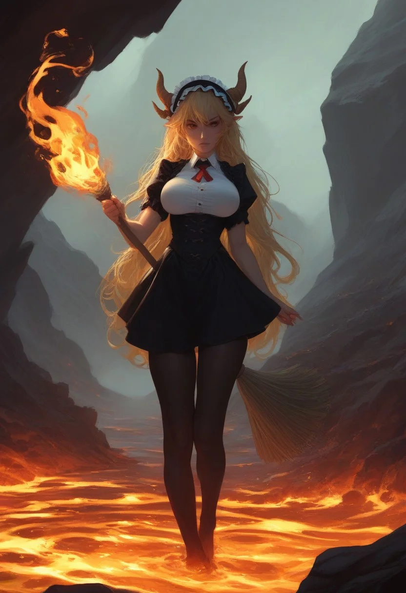 score_9, score_8_up, score_7_up, score_6_up, realistic, 
(1girl, solo, dragonkin maid), red eyes, curvy body type, big breasts, deep tan with scales on arms, fierce expression, very long hair, wavy, fiery red, dragon-tail maid outfit with flame patterns, horned headband, outdoors, standing by rocky cliffs, volcanic landscape background, glowing lava light, holding broom with flaming end, faint smoke in air, intense heat around.
,Expressiveh
