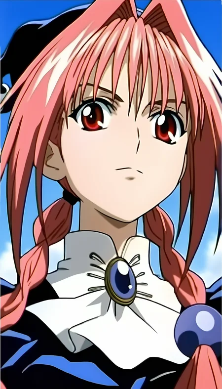 score_9,score_8_up,score_7_up,
<lora:dorothy:1>,doroshii,1girl,solo,
pale skin,red eyes,long pink hair,bangs,two braided pigtails,
black cap,black dress,white collar,mail coach tie,dark purple jewel on tie,
looking at viewer,furrowed brow,closed mouth,
blue sky,
facing viewer,
portrait,