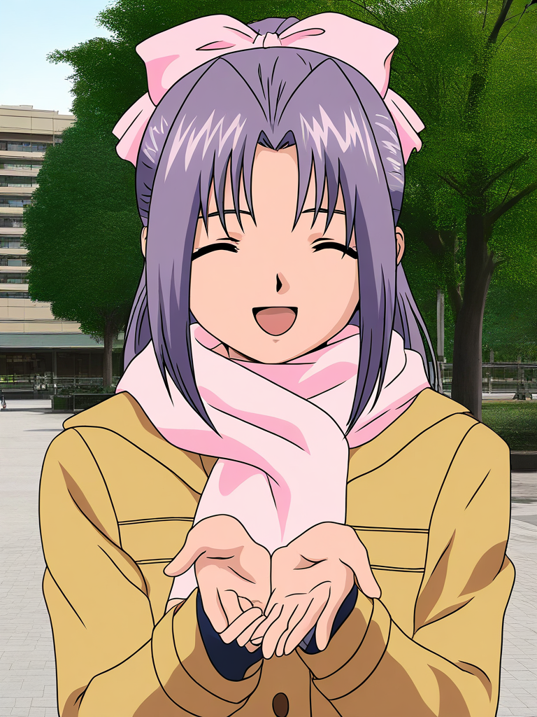 general,highres, game cg, ultra-detailed,very aesthetic,best quality ,best hands,  BREAK <lora:koigakubo_Momoko_IS:1>koigakubo_Momoko, solo, purple hair, long hair, hair bow, brown eyes, ponytail, pink bow, 
solo, scarf, closed eyes, bow, coat, smile, upper body, ^_^, photo background, outdoors, building, hair ribbon, open mouth, tree,
anime coloring,