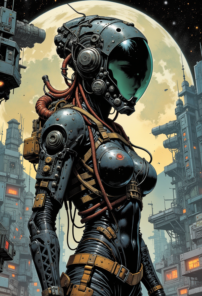 Comix book style, biomechanical cyberpunk masterpiece, best quality, absurdres, high details, amazing body, at distance, cowboy shot, 1girl, into anceient spaceship, cyberhelmet with antenns. cybernetics, human-machine fusion, dystopian, organic meets artificial, dark, intricate, highly detailed.