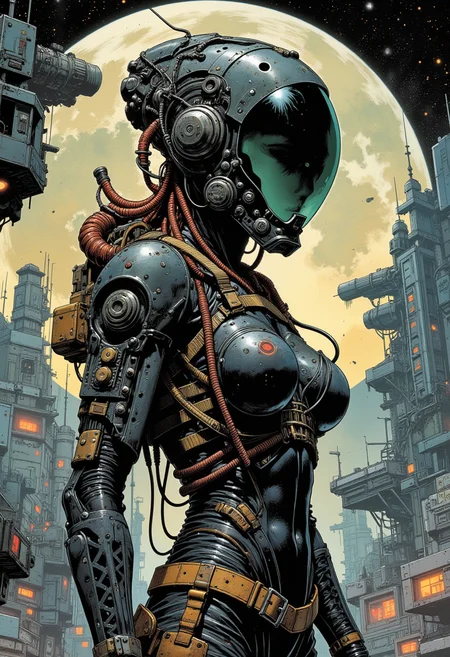Comix book style, biomechanical cyberpunk masterpiece, best quality, absurdres, high details, amazing body, at distance, cowboy shot, 1girl, into anceient spaceship, cyberhelmet with antenns. cybernetics, human-machine fusion, dystopian, organic meets artificial, dark, intricate, highly detailed.