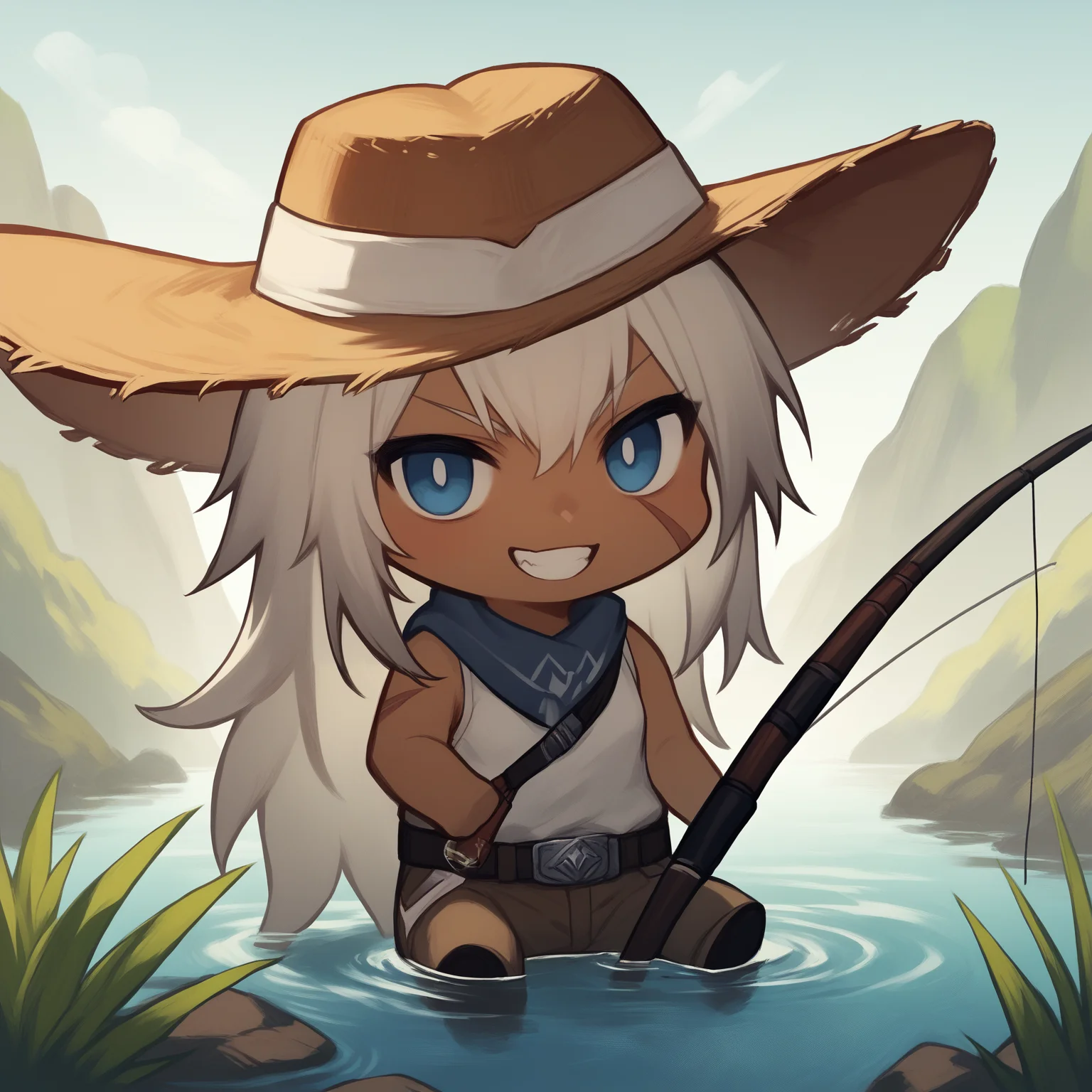 score_9, score_8_up, score_7_up, score_6_up, score_5_up, outside, pond, sunlight
BREAK solo, indiana, dark skin, face scar, (chibi, small:1.2), sitting, straw hat, shirt, fishing rod, fishing, fish, grin, happy
<lora:Indiana-AzurLane_ponyXL_v30:1>