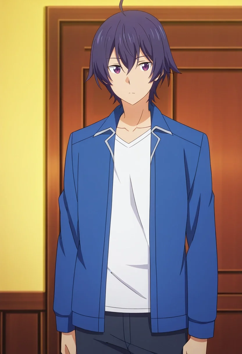 masterpiece, best quality, anime screencap, official style, anime coloring, cowboy shot, 1boy, solo, male focus, <lora:shin_wolford_ilxl:0.92>, shin_wolford, purple hair, purple eyes, short hair, ahoge, hair between eyes, ,