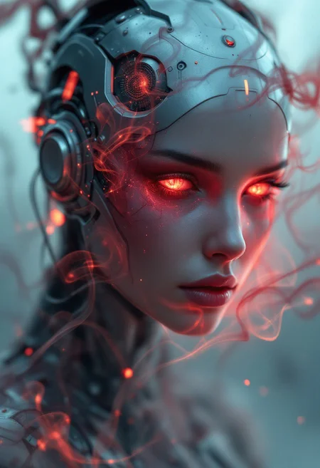 A futuristic cyborg's metallic headpiece glows with a subtle shine as crimson wisps of smoke swirl around it, like tendrils of an otherworldly entity. The ethereal red mist undulates and curls, framing the cybernetic visage in a halo of mystery. Soft focus highlights the intricate circuitry on the cyborg's face, while the smoky tendrils dance across the surrounding environment.