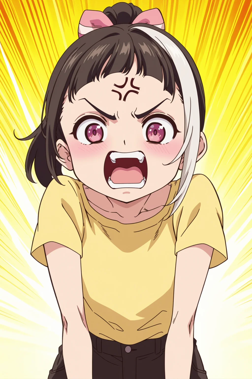 anime screencap, anime coloring, detailed face, masterpiece, best quality, very aesthetic, absurdres, volumetric lighting,
<lora:Ueno_Chiaki_Shounen_ga_Otona_ni_Natta_Natsu:1>
looking at the viewer, cowboy shot,
Ueno Chiaki, 1girl, solo, anger vein, multicolored hair, black hair, streaked hair, plain yellow shirt, open mouth, white hair, angry, ponytail, teeth, pants, cowboy shot, emphasis lines, yelling, war cry