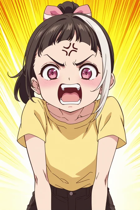 anime screencap, anime coloring, detailed face, masterpiece, best quality, very aesthetic, absurdres, volumetric lighting, 
 <lora:Ueno_Chiaki_Shounen_ga_Otona_ni_Natta_Natsu:1>
looking at the viewer, cowboy shot, 
Ueno Chiaki, 1girl, solo, anger vein, multicolored hair, black hair, streaked hair, plain yellow shirt, open mouth, white hair, angry, ponytail, teeth, pants, cowboy shot, emphasis lines, yelling, war cry