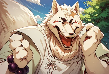 score_9, score_8_up, score_7_up, best quality, hires, male, Gintaro, furry, fox spirit, solo, yellow eyes, white kimono, sandals, bead bracelet, amazing background, upper body, happy, laugh, <lora:Gintaro_from_Gingitsune:1>