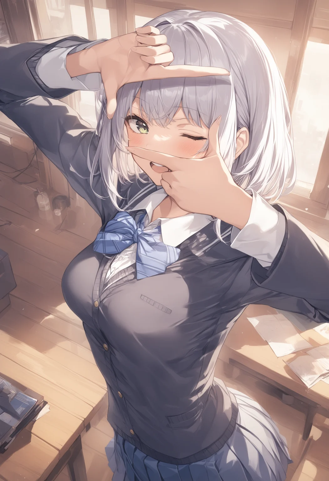1girl, <lora:sdxl2-flat2-512b:-1>,medium breasts,school uniform,
<lora:fingerframeXLv2:1>,finger frame, looking at viewer, arm up, one eye closed, hands up,
best quality,medium quality,