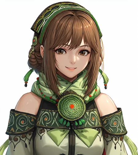score_9, score_8_up, score_7_up, score_6_up, score_5_up, score_4_up, BREAK source_anime,
1girl, solo, <lora:BaoSanniangDW9:0.9>, Bao Sanniang, brown eyes, brown hair, medium hair, hair ornament, medium breasts, jewelry, green top, green scarf, bare shoulders, detached sleeves, black shorts,
looking at viewer, happy, ,
simple background, white background
upper body, portrait,
<lora:piroponyv3:1>, <lora:Chocochip:0.8>,