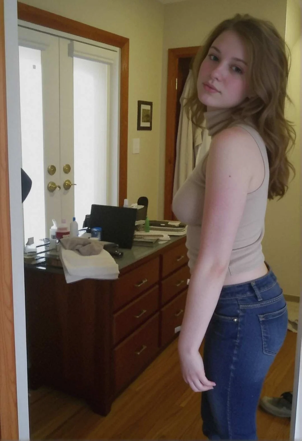 cute 19yo half Norwegian/Salvadoran woman, shot on Leica M3, slim sexy figure, thicc, large perky breasts, sexy hips, (pretty 18-year-old woman:1.3), Layered mahogany hair, long hair, natural lighting, haze, walking back to her Lincoln Park greystone home, condifent care free attitude, (looking at viewer, seductive expression:0.5), wearing an Beige turtleneck, dark denim jeans, ankle boots, (authetic share photo candid photo, shy, slightly out of focus:1.2), Unsplash contest winner, detail, clutter, dim, low key, vignette, jpeg artifacts, low res, low quality, pov, cute face, (sleepy, eyes half closed, seductive:1.0), lips parted, full lips, pale, (thicc, slim sexy figure, curvy:0.8), <lora:Puffy Nipples XL.safetensors:0.2> <lora:Motion_blur.safetensors:0.1> <lora:Old_Digital_Camera.safetensors:0.4> <lora:real-humans-PublicPrompts.safetensors:0.2> <lora:subtle-realness-xl1.safetensors:0.4> <lora:dmd2_sdxl_4step_lora_fp16.safetensors:1.0>