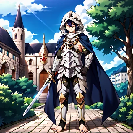 masterpiece, best quality, sharp aliasing, highly detailed, Quality, High Definition, <lora:EPfeCorrinPony:1>EPfeCorrin, blue cape, armour, black gloves, black pants, wearing pants, outdoors, day, stone ground, tree, bush, buildings, barefoot, toeless legwear, armoured legwear, stirrup legwear, 5 toes <lora:Amajiki_Tamaki__Pony:1>Tamaki Amajiki, pointy ears, red eyes, dark blue hair, hair between eyes, hood, mask, male, male body, sword, standing <lora:feet_anime_pony_v2:1>feet, dark blue toenails