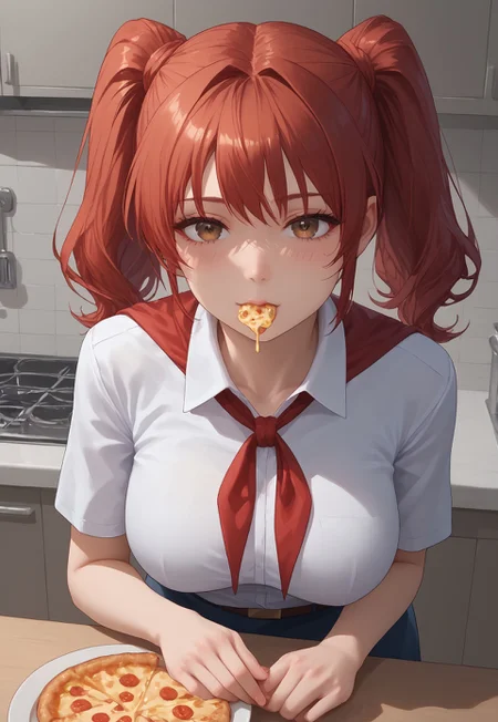 safe_pos, score_9, score_8_up, score_7_up, <laura:expressive_n: 1>, expressive_n, detailed eyes, beautiful, detailed background, perfect eyes,, expressive, 1 girl, visual novel character, sexy 20 year old girl, solo, <lоra: ikarus-chan_close:0.70>, hort hair, red hair, two ponytails, shoulder-length ponytails, brown eyes, big chest,1 girl, big breasts, white collared shirt, simple red neckerchief, blue skirt, belt, white socks eating pizza in the kitchen.