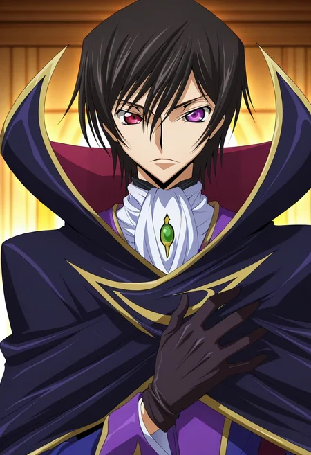 masterpiece, best quality, , anime screencap, , official style, , 1boy, solo, male focus, <lora:lelouch_lamperouge_ilxl:0.9>, lelouch_lamperouge, black hair, purple eyes, hair between eyes, bangs, short hair, heterochromia, red eyes, cape, ascot, gloves, ,