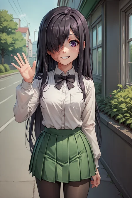 score_9, score_8_up, <lora:NSHanakoKatawa:1> NSHanakoBase, purple eyes, hair over one eye, black hair, long hair, scar on face, sidelocks, black bowtie, white collared shirt, puffed sleeves, long sleeves, white sleeves, pleated skirt, green skirt, black pantyhose, slight smile, waving, outdoors, school