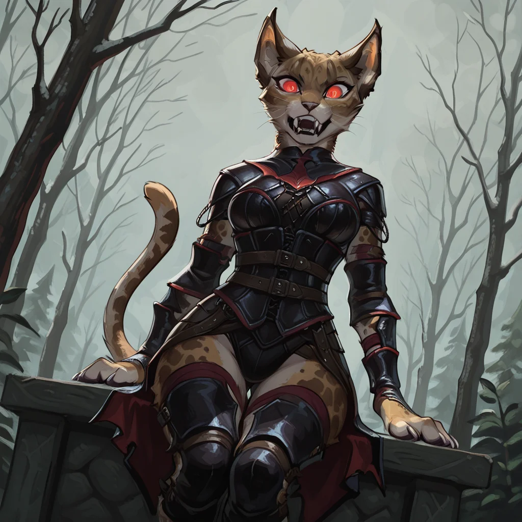 masterpiece, best quality, amazing quality, MirriMTG, 1girl, solo, furry female, furry, body fur, cat, feline, expanding breasts sequence, leather armor, tail, vampire, glowing eyes, whiskers, animal ears, outdoors, expanding hips, bigger butt, fangs, teeth, claws, thigh gap, sitting, dutch angle <lora:Mirri_Cat_Warrior_Magic_the_Gathering:1>