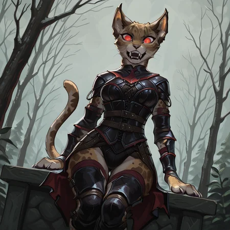 masterpiece, best quality, amazing quality, MirriMTG, 1girl, solo, furry female, furry, body fur, cat, feline, expanding breasts sequence, leather armor, tail, vampire, glowing eyes, whiskers, animal ears, outdoors, expanding hips, bigger butt, fangs, teeth, claws, thigh gap, sitting, dutch angle <lora:Mirri_Cat_Warrior_Magic_the_Gathering:1>