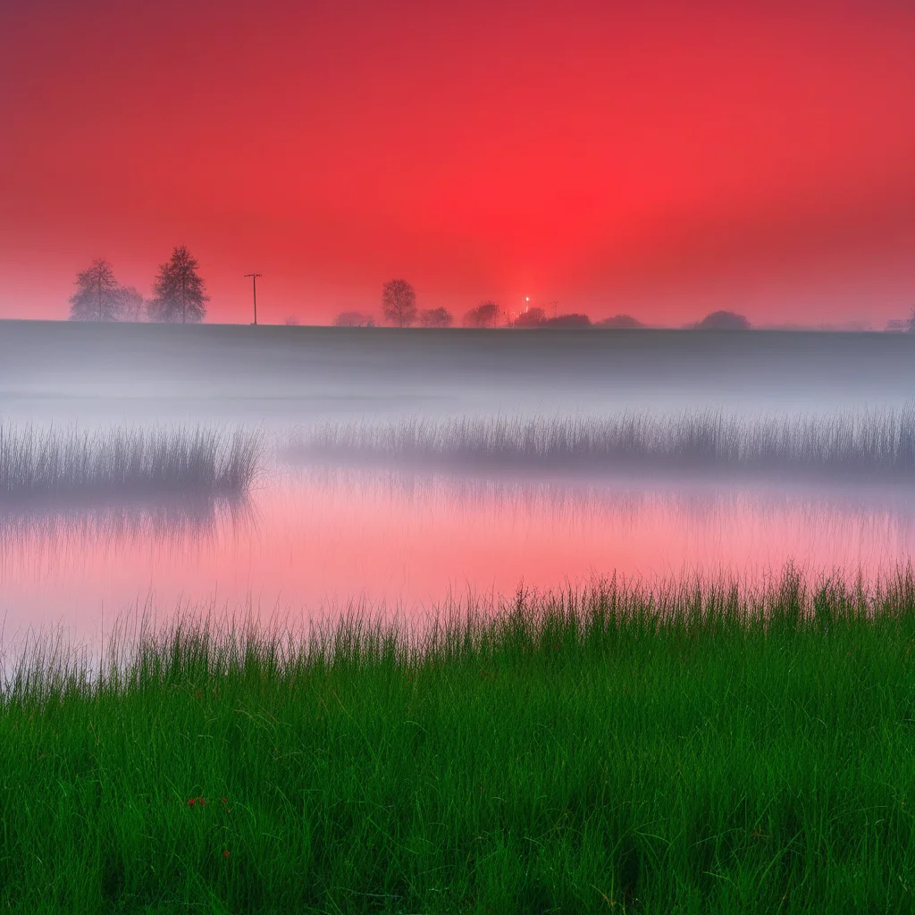 day, grass, fog, red sky, smoke, city, water, field, scenery, outdoors