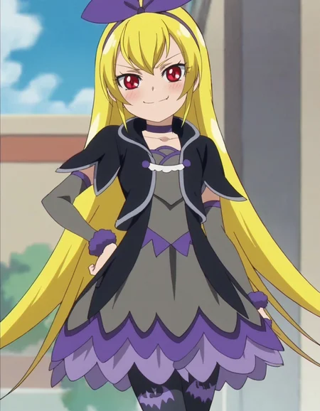 score_9, score_8_up, score_7_up,anime screencap,1girl,solo,regina, 1girl, bat print, pantyhose,red eyes, choker,evil smile, bow, cropped jacket, hair bow, print legwear, purple ribbon, dress, looking at viewer, purple bow, hairband
small breasts,cowboy shot ,blush,smug<lora:regina:0.8>