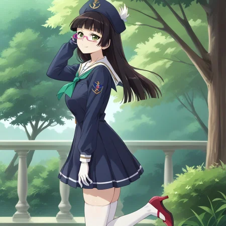 (score_9:0.9),score_8_up,score_7_up,rating_safe,anime style,(zPDXL),masterpiece, anime coloring) rating_safe, anime style, anime_screencap, source_anime,
BREAK source_anime, anime, best quality, masterpiece, rating_safe, uncensored, High quality, 8k, Ultra,
BREAK (Forest, tree,sunny weather,sky,daytime),
BREAK 1girl, Ch1ak1Kur1hara, long hair, blunt bangs, hime cut, black hair, brown eyes, glasses, semi-rimless eyewear, under-rim eyewear, pink-framed eyewear,thick thighs,big ass,
Jed-Salr, Navy Blue Mini Dress, White Trim, White Sailor Collar, Nautical Stripes, White Thigh-High Stockings, Red Heels, Sailor Hat, White Gloves, Sailor Cuffs, White Petticoat,
BREAK ((cowboy shot)),(looking back),(hand in own hair),(hand between legs),(from back),
(large breasts:1.2),looking at viewer, smile,