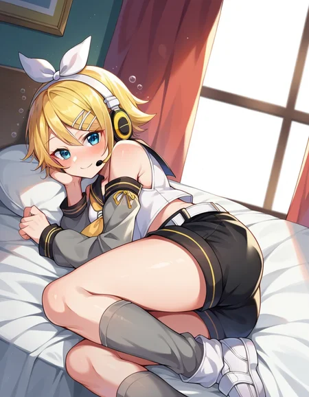 score_9, score_8_up, score_7_up, source_anime,
rinkagamine, <lora:rin-kagamine-ponyxl-lora-nochekaiser:1>,
rin kagamine, blonde hair, blue eyes, hair bow, headset, short hair, headphones, smile,
bare shoulders, belt, black sailor collar, black shorts, bow, crop top, detached sleeves, grey legwear, grey shorts, grey sleeves, hair bow, leg warmers, neckerchief, sailor collar, school uniform, shirt, short shorts, short sleeves, shorts, white bow, white footwear, white shirt, yellow neckerchief,
indoors, bed, bed room, on side, blush, drunk,
looking at viewer, dutch angle, cowboy shot,