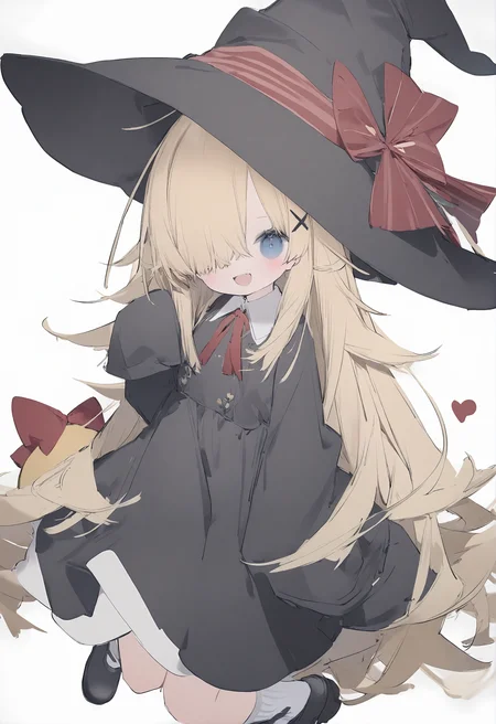 1girl,
nanmokaken,
solo focus, hair over one eye, stuffed toy, sleeves past fingers, smile, very long hair, long hair, open mouth, collared dress, shoes, simple background, socks, x hair ornament, hat bow, hair ornament, witch hat, striped bow, black headwear, sleeves past wrists, alternate costume, mary janes, red ribbon, heart, blue eyes, white socks, hat ribbon, hat, bow, dress, red bow, ribbon, looking at viewer, white background, wrist cuffs, blonde hair, striped, black dress, black footwear, neck ribbon,
masterpiece, best quality, newest, safe
<lora:nanmokaken_image36_2024-03-28_a31-000045:1>