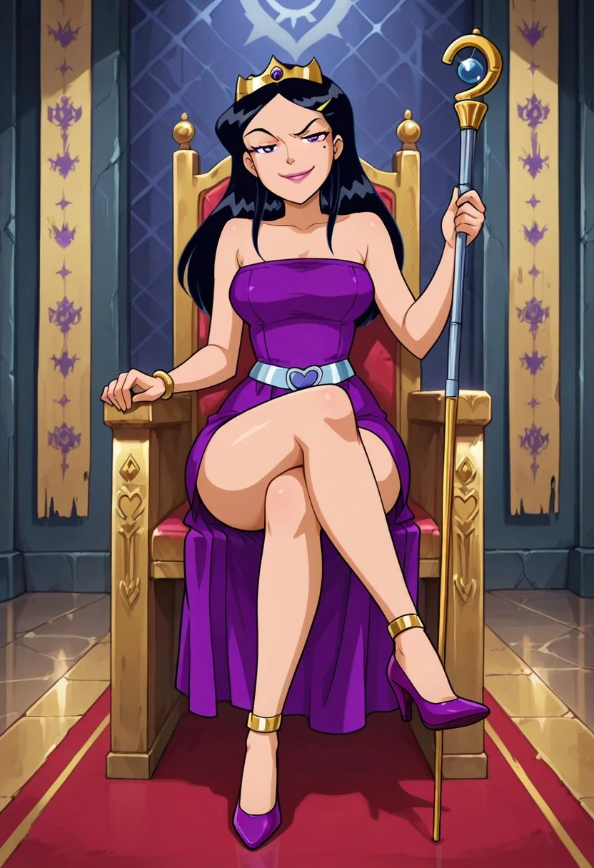 masterpiece, best quality, good quality, 1girl, solo, cartoon, parody, official style, mandy_totally_spies, black hair, long hair, purple eyes, mole under eye, hair ornament, small gold crown on head, purple strapless dress, throne room, sitting on throne, legs crossed, banners, gold ankle rings, full body, sexy, large breasts, beautiful, detailed, high detailed, very beautiful, detailed face, detailed eyes, detailed hand, abstract background, neon, looking at viewer, wide hips, smug, purple high heels, holding staff, torches,