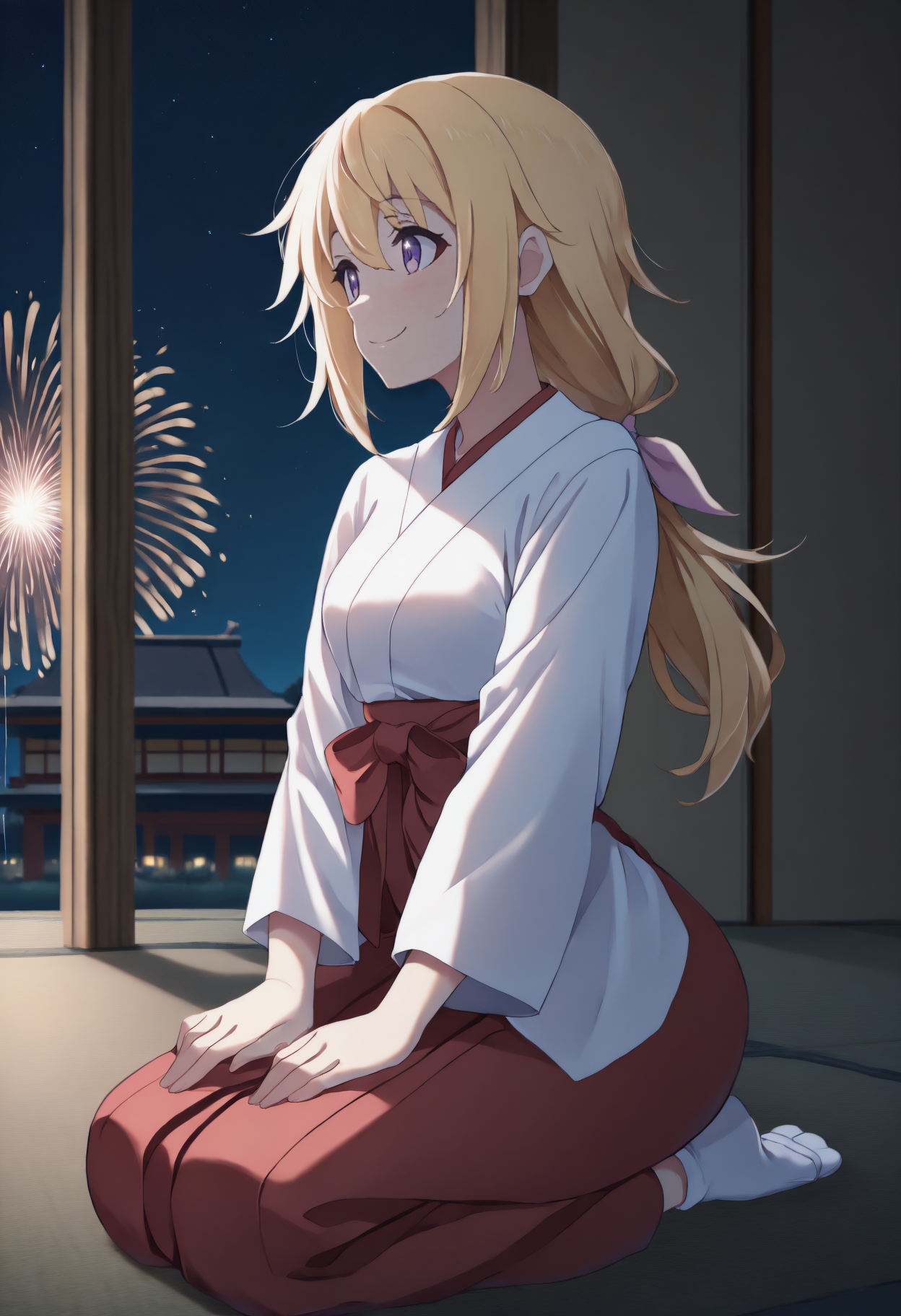 anime, masterpiece, best quality, full body, solo, 1girl, charl0ttedun0is, smile, looking away, seiza, hands on own thighs, low ponytail, hair ribbon, japanese clothes, white kimono, red hakama, white socks, tatami, night, east asian architecture, star \(sky\), fireworks, sidelighting
<segment:yolo-Anzhc Face seg 640 v2 y8n.pt,0.4,0.5//cid=1>