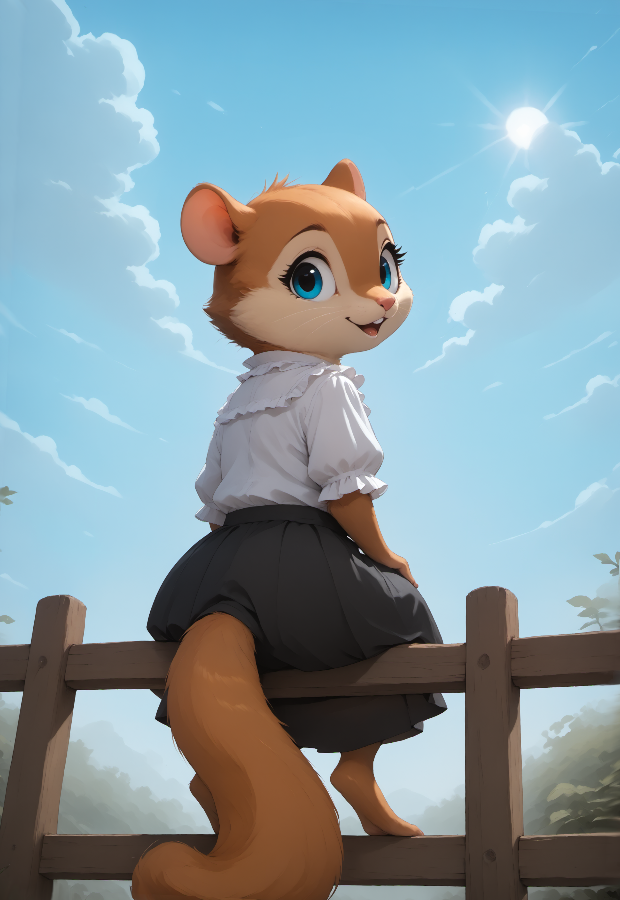 score_9, score_8_up, score_7_up, score_6_up, score_5_up, score_4_up,  (((squirrel))), (chibi:0.1), (cute, feral:1.2), (white frilly shirt, black skirt), looking back, (sitting, sitting on fence), rear view, from behind, wooden_fence, full body shot, (from below, low angle view), clouds, sun, open mouth, trees, leaves, (detailed background:1.3)