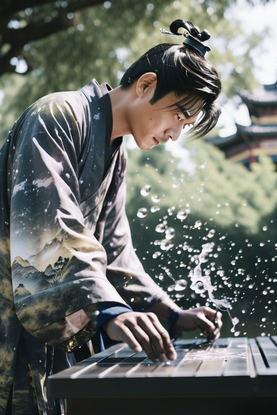 cinematic photo (summer day ),expressive ink splash painting a chinese man in hanfu . spontaneous strokes, abstract landscapes, and artistic freedom,18 yo,dramatic lighting . 35mm photograph, film, bokeh, professional, 4k, highly detailed
