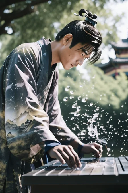 cinematic photo (summer day ),expressive ink splash painting a chinese man in hanfu . spontaneous strokes, abstract landscapes, and artistic freedom,18 yo,dramatic lighting . 35mm photograph, film, bokeh, professional, 4k, highly detailed