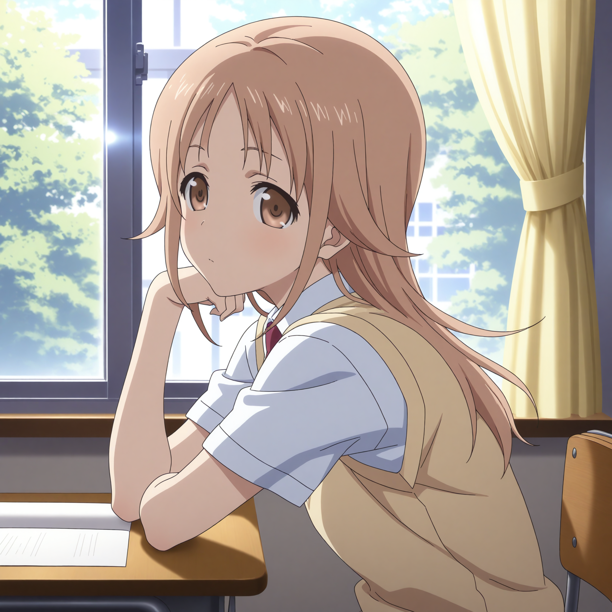 <lora:Miyamoto_Konatsu_1_nai-000036:1>,Miyamoto Konatsu,
school uniform,necktie,sweater vest,
1girl,solo,looking at viewer,sitting,from side,arm support,on chair,desk,indoors,window,curtains,day,arm on table,