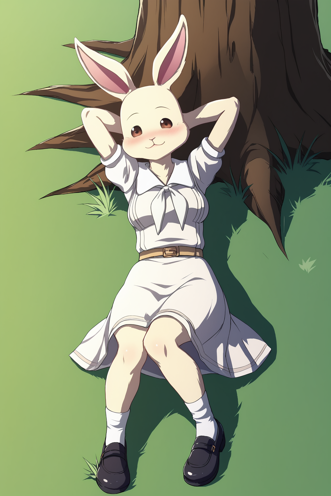 score_9, score_8_up, score_7_up, score_6_up, BREAK, HaruBPXL, anthro furry, furry female, body fur, white fur, brown eyes, animal ears, rabbit ears, medium breasts, white dress, white neckerchief, short sleeves, belt, white skirt, white socks, black shoes, solo, full body, (lying on grass), on back, arms behind head, seductive smile, looking at viewer, naughty face, nose blush, forest, tree <lora:HaruBPXL:1>