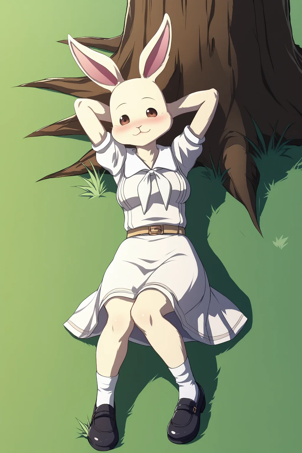 score_9, score_8_up, score_7_up, score_6_up, BREAK, HaruBPXL, anthro furry, furry female, body fur, white fur, brown eyes, animal ears, rabbit ears, medium breasts, white dress, white neckerchief, short sleeves, belt, white skirt, white socks, black shoes, solo, full body, (lying on grass), on back, arms behind head, seductive smile, looking at viewer, naughty face, nose blush, forest, tree <lora:HaruBPXL:1>