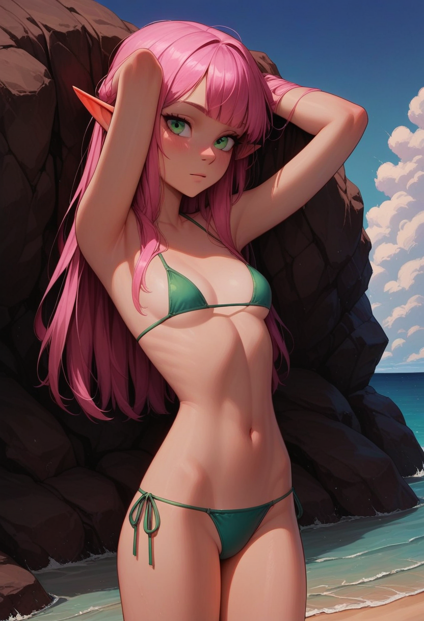 masterpiece, best quality, amazing quality, <lora:my-style-test3:1>,âââ p0nyd1sney1ncasev1x0n2, 1girl, 25 years old, perfect face,
green eyes,
slim, small breasts, kawaii,
long hair, pink hair,
elf, pointy ears,
micro bikini, green bikini, lowleg bikini, side-tie bikini bottom, 
outdoors, beach, ocean, day, cowboy shot,