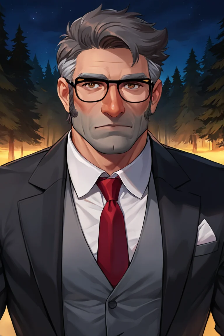 masterpiece, best quality, highres, extremely aesthetic, stanford pines, 1boy, solo, male focus, mature male, muscular male, old man, short hair, grey hair, two-tone hair, brown eyes, thick eyebrows, glasses, black-framed eyewear, facial hair, stubble, long sideburns, looking at viewer, formal, suit, black suit, grey vest, white shirt, red necktie, standing, upper body, portrait, outdoors, forest, pine tree, night, night sky <lora:Stanford (Ford) Pines - Gravity Falls v1.0 MIX [LoRA] - NoobAI-XL EPS 1.0:0.8>