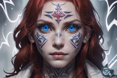 bright red hair, human female, (feminine:1.7), (beautiful face, detailed face:1.6), (beautiful eyes, detailed eyes:1.7), (looking at viewer, eye contact, intense:1.6), (long hair, red hair, curly hair:1.3), , ((masterpiece, best quality, high resolution, realistic, best quality,)), photo realistic, Perfect Face, (detailed face). <lora:GoodHands-vanilla:0.6> <lora:add-detail-xl:0.8>, mage, (Dress White military uniform coat), dagger, rune dagger, glowing runes, , (((glowing magic symbols tattoos, religious tattoos))), ((face tattoos)), glowing tattoos, stone tower in the background
