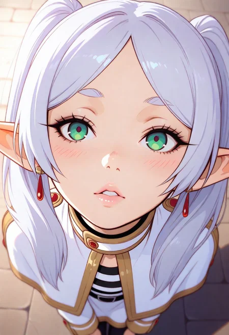 masterpiece, best quality, amazing quality, very aesthetic, (flat colors:1), (Artist:ilya kuvshinov:1), 1 girl, frieren, elf,  from above,  twintails, blush, lips, parted lips