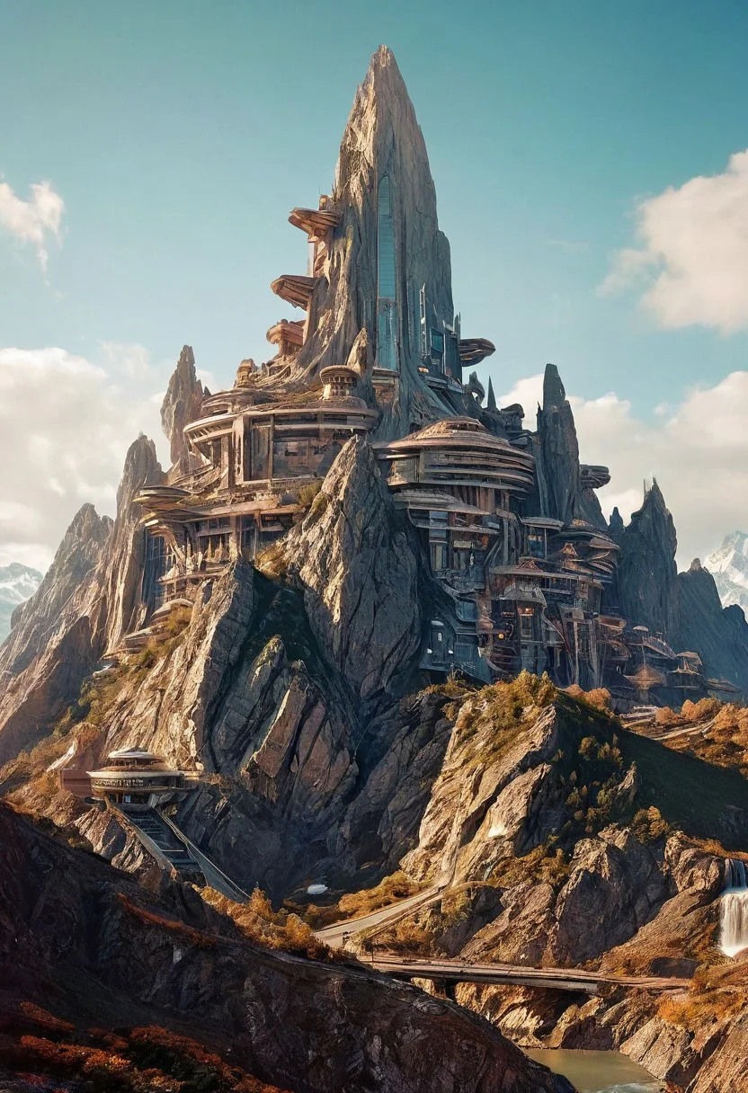 Visualize a futuristic mountain , symbolizing online community in the style of incorporate elements that evoke a sense of building with a large spaceship complex, elegant, expansive, fantastical, film photography style, heavy grain