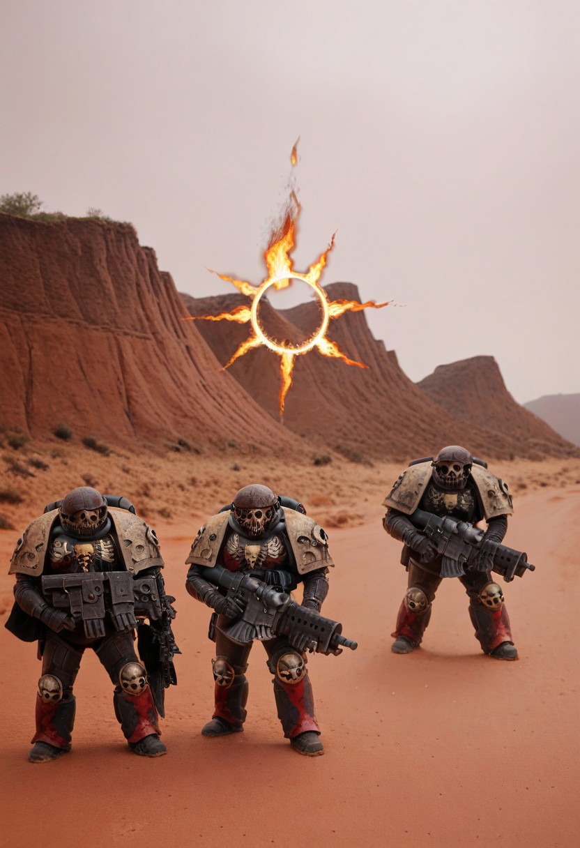 photo of damned, wearing full armor, skull, burning, flaming halo, flaming eyes, glowing eyes,  armor, helm details, skull, scorch armor, armor detail, charred metal trimmings, holding gun, rifle, 
battle, army, firing, gun, 
standing by desert storm, sandstorm, dune, dark ambiance,  ((dawn:1.2)), dim sun light,     <lora:tool - add_detail:0.6>  <lora:Legion of the Damned MK1 by CARAXES:0.7>