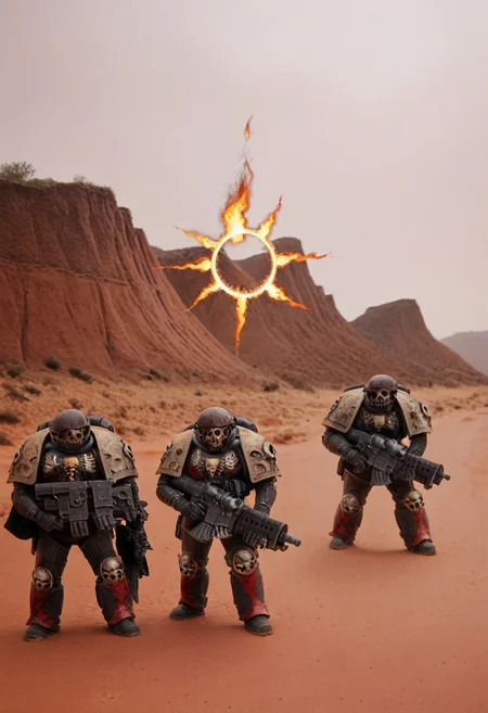 photo of damned, wearing full armor, skull, burning, flaming halo, flaming eyes, glowing eyes,  armor, helm details, skull, scorch armor, armor detail, charred metal trimmings, holding gun, rifle, 
battle, army, firing, gun, 
standing by desert storm, sandstorm, dune, dark ambiance,  ((dawn:1.2)), dim sun light,     <lora:tool - add_detail:0.6>  <lora:Legion of the Damned MK1 by CARAXES:0.7>