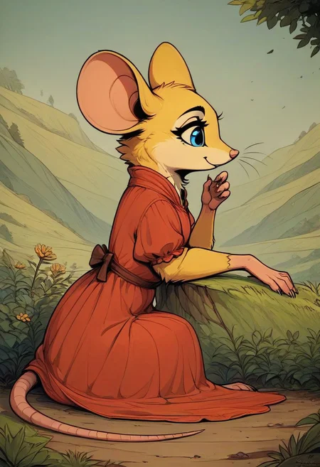 score_9, score_8_up, score_8, (solo), (fluffy:0.8), (feral), outdoors, furry, (((mouse))), female, blue eyes, yellow fur, yellow ears, claws, (fluffy cheeks:0.4), (red dress), cute, in the style of beatrix potter, fca style, cel-shading, sitting, (reclining:2), hillside, (side view:2)
