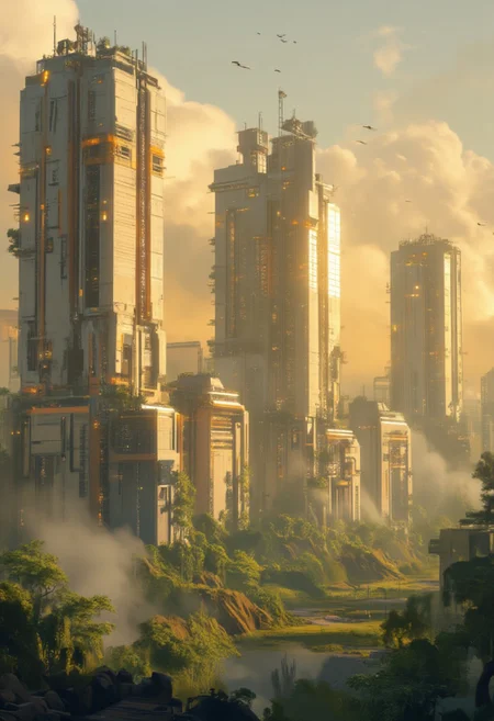 OBweilai, in the style of ck-sfc, a sustainable, green energy futuristic city, with tall solar-powered sjyscrapers and sustainable apartment blocks made from ceramics and marble, situated next to a verdant valley, misty, sunset