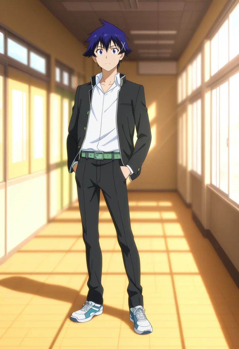masterpiece, best quality, very aesthetic, high resolution, ultra-detailed, absurdres, newest, scenery, depth of field, anime coloring , , , 1boy, solo, male focus,  <lora:Raku_Ichijou:0.93>, raku ichijou, blue hair, blue eyes, short hair, hairclip, looking at viewer, collared shirt, school uniform, standing, jacket, full body, open clothes, shoes, belt, pants, open jacket, black jacket, black pants, sneakers , pose