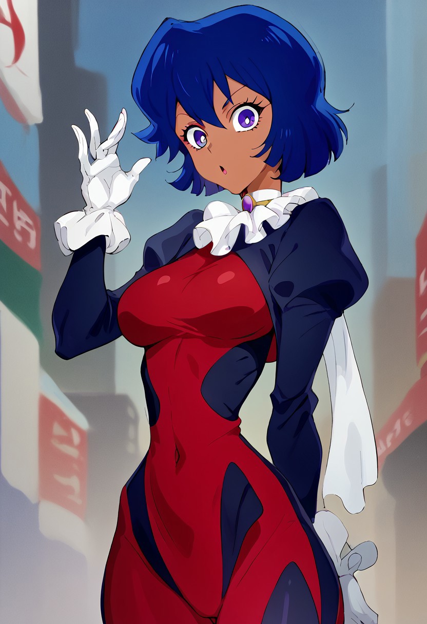 score_9, score_8_up, score_7_up, score_6_up, 2d, cartoon, 1girl, solo, cowboy shot, perfect face, perfect eyes, anime girl, Misty Honey, tanned skin, blue hair, short hair, purple eyes, surprised face, motherly face, shocked, thin waist, slim waist, standing, looking down at viewer, medium breasts, bubble butt, full red bodysuit, white gloves, white boots, white scarf, red and white helmet, upper body focus, city
